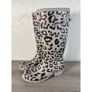 Hunter Original Leopard Print Refined Tall Waterproof Rain Boots Size 5.5 Gray